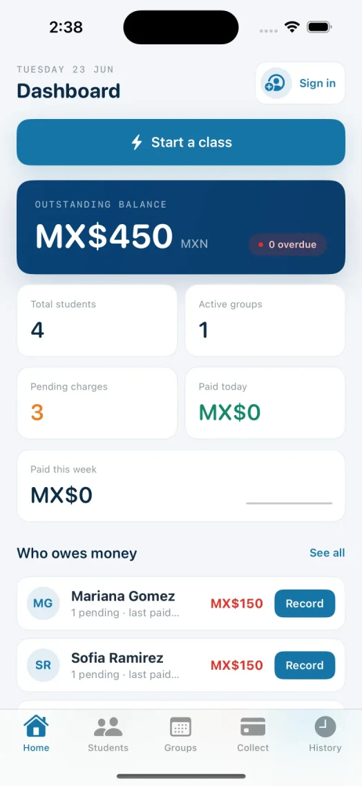Studio Ledger app showing a studio’s overview of attendance, payments, and classes.