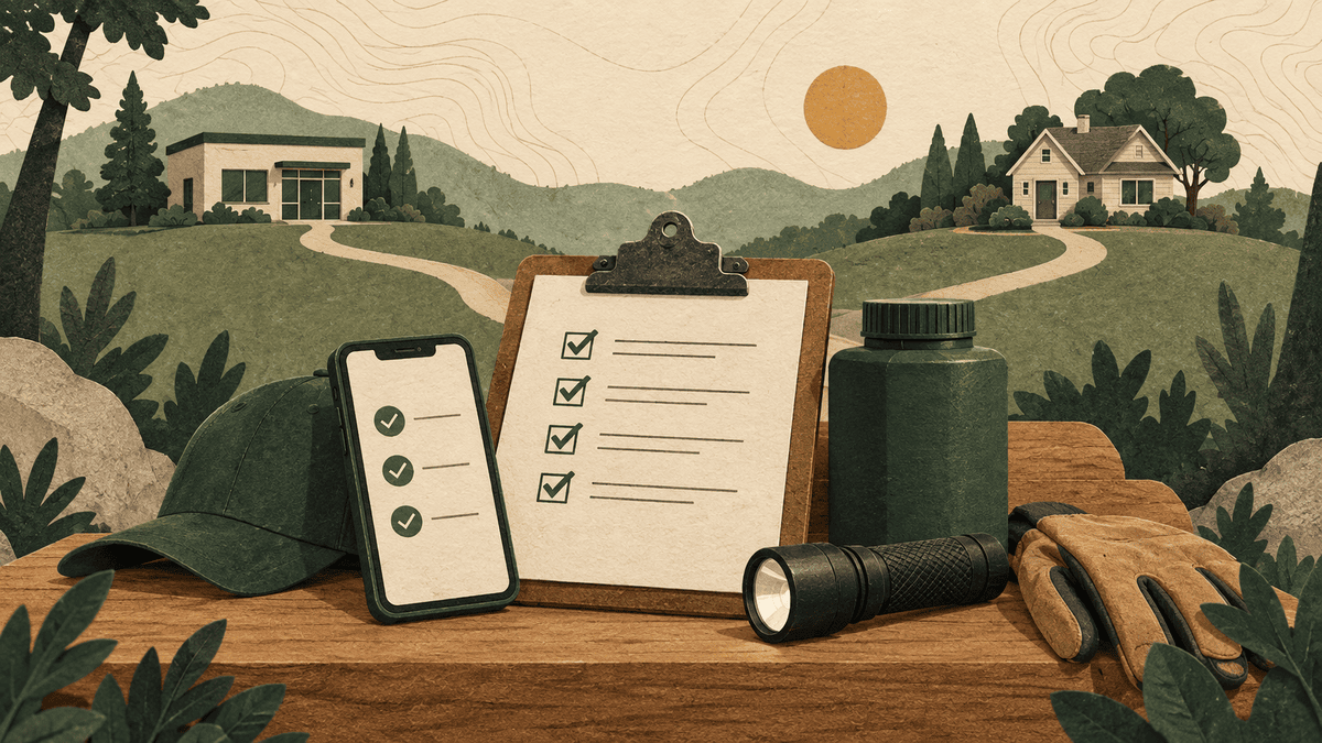 A phone, service checklist, and inspection tools on a workbench, with paths connecting an office and a customer’s house.