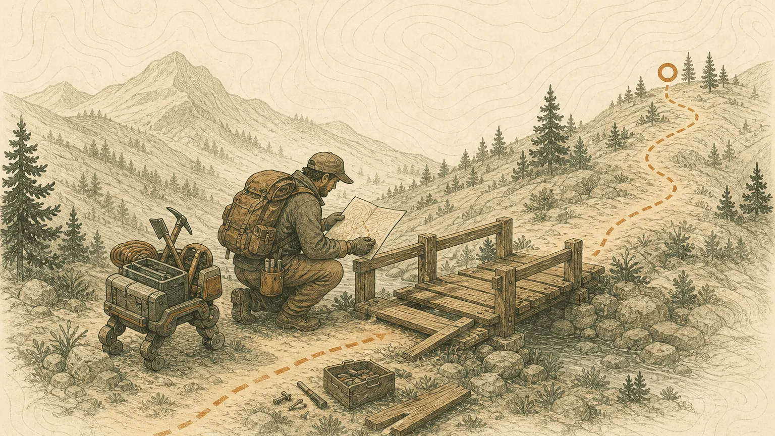 A trail surveyor and a small mechanical pack assistant repair a bridge across a mountain route.