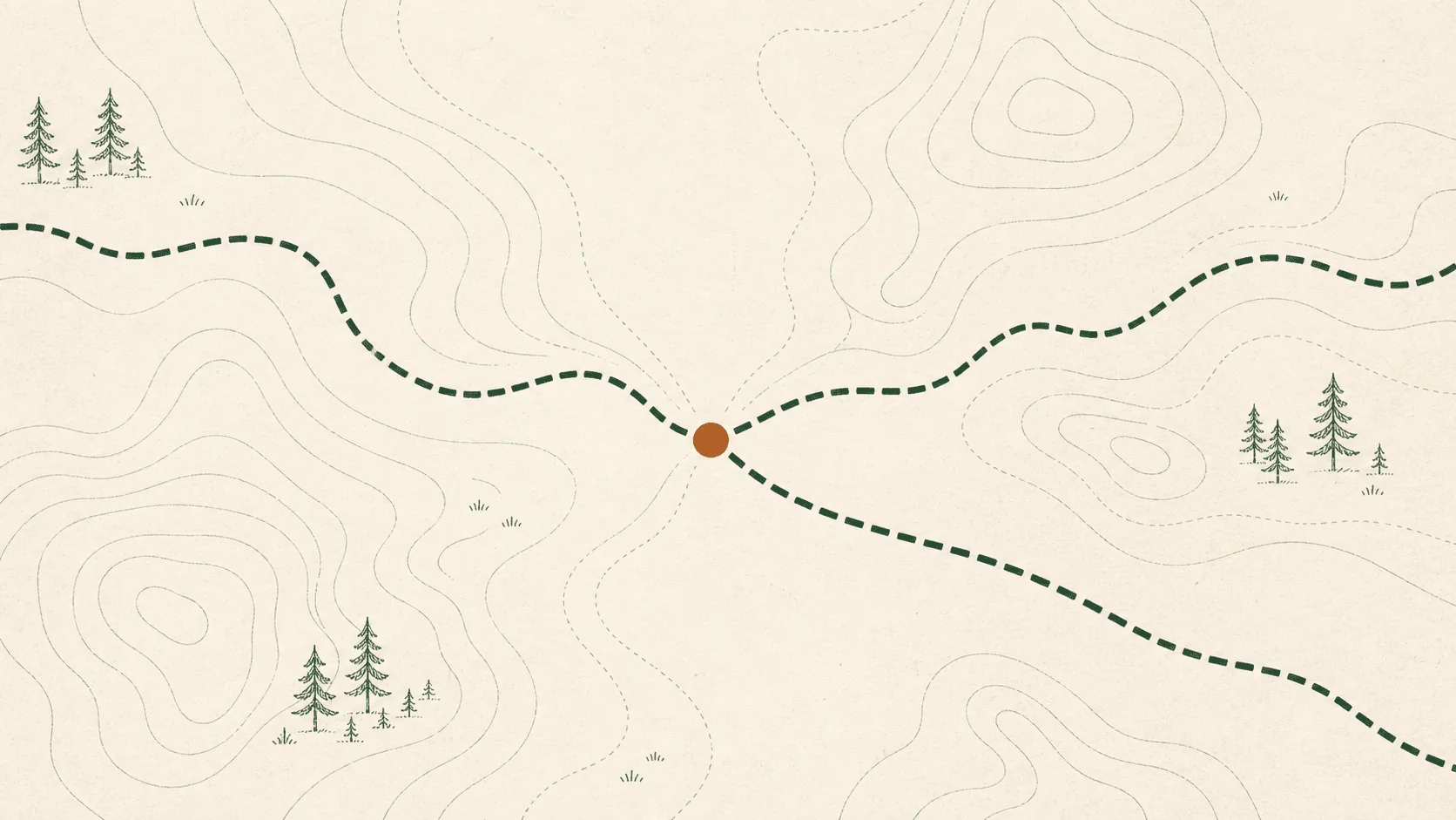 Topographic illustration of two routes meeting at a shared waypoint.