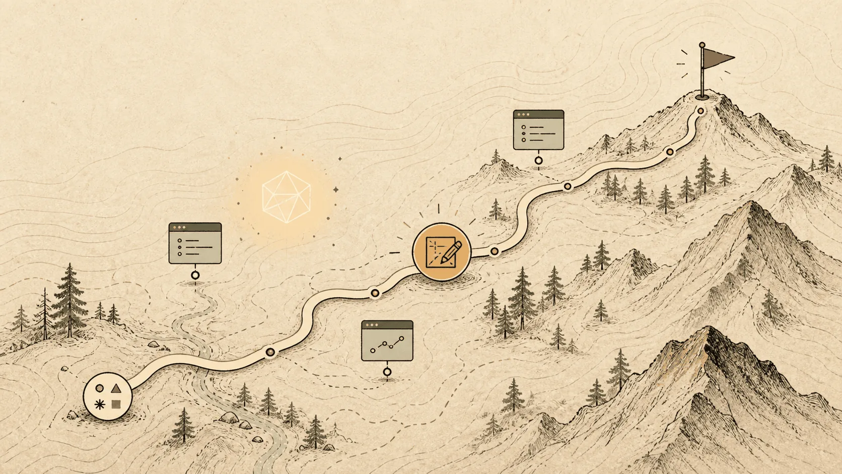 Illustrated mountain trail route with planning markers and a flag at the destination.