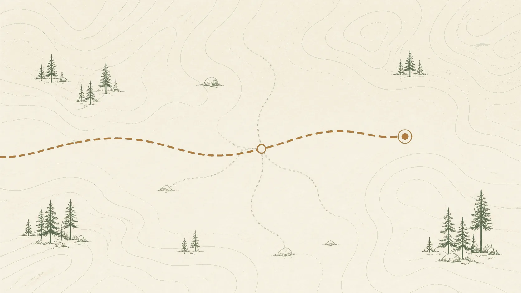 Topographic illustration of one route continuing at a trail fork.