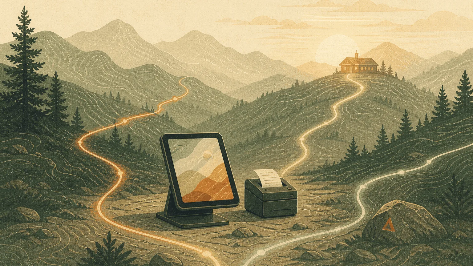 A tablet terminal and receipt printer sit at a trail crossroads leading to a warm café.