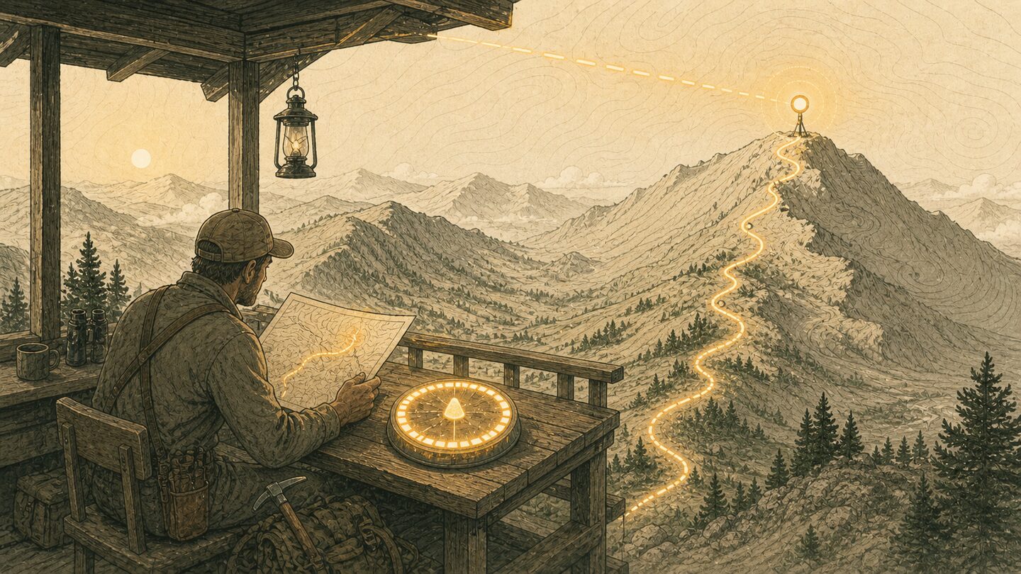 A trail builder at a mountain lookout watches an amber signal refill a glowing route gauge.