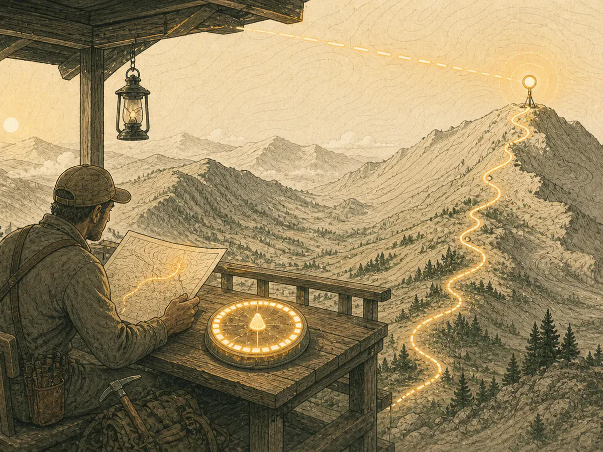 A trail builder at a mountain lookout watches an amber signal refill a glowing route gauge.