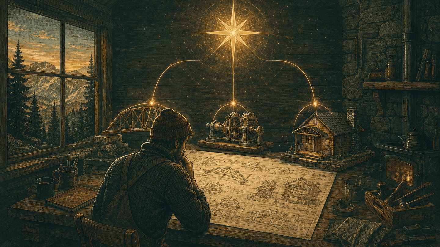 A craftsperson studies plans beneath a glowing star connecting a model bridge, a mechanism, and a cabin in a mountain workshop.