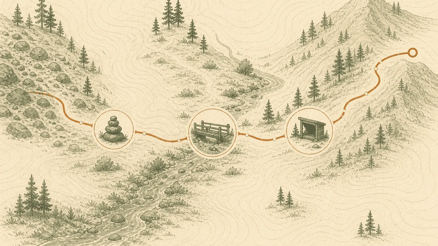 A topographic trail passes a cairn, a bridge, and a shelter on its way to a mountain waypoint.