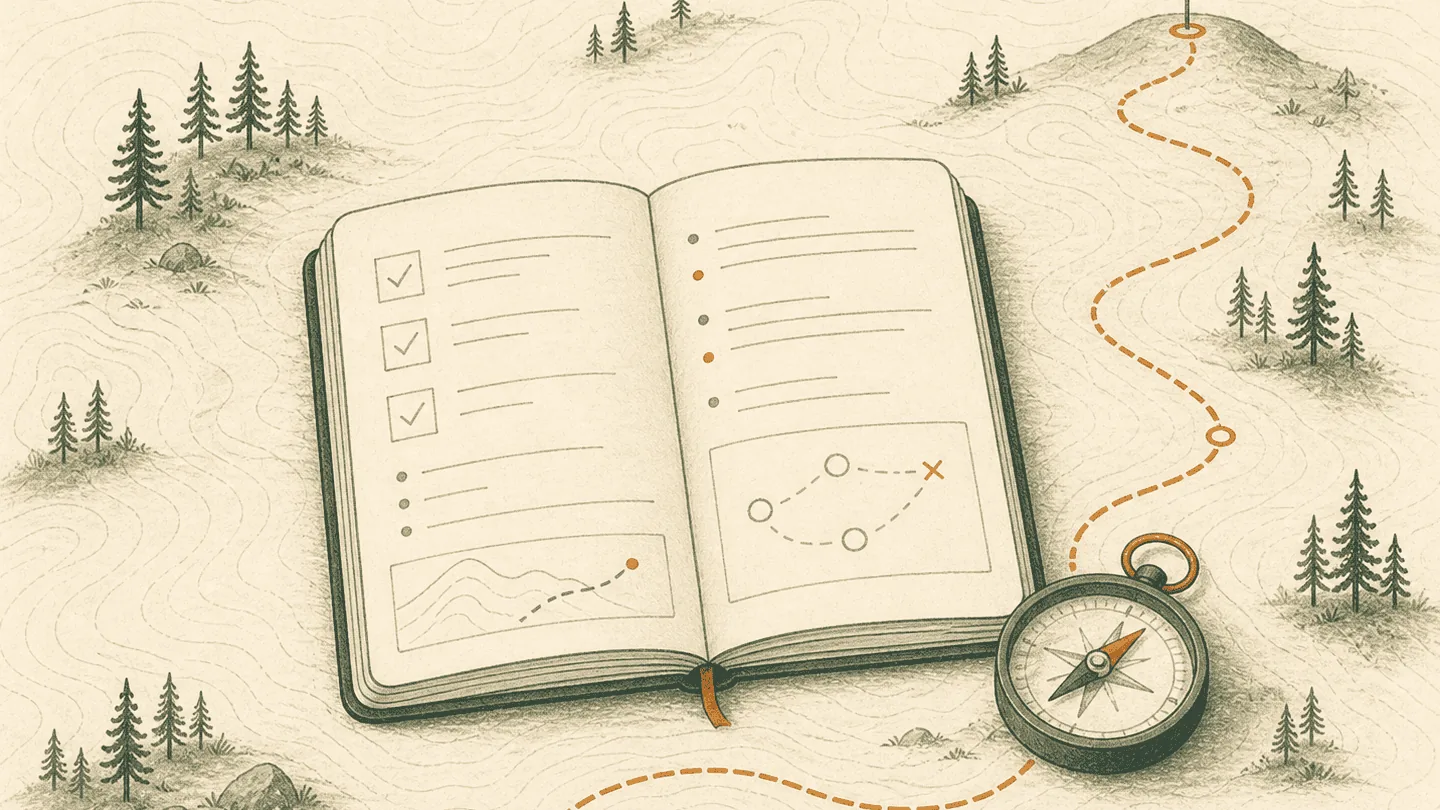An open field notebook and compass sit on a topographic map beside a trail leading to a waypoint flag.
