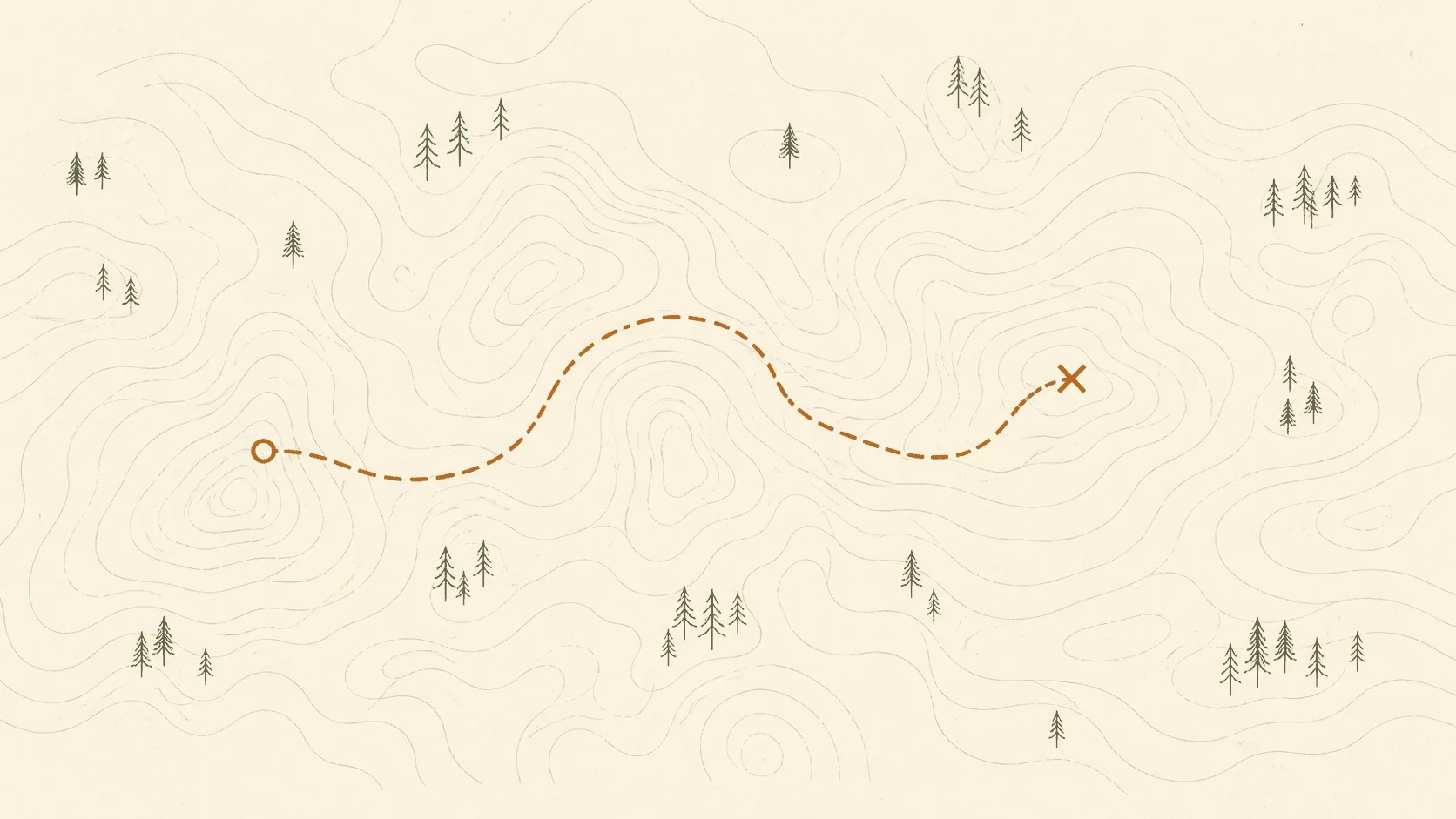 Topographic illustration of a route from a circle marker to a cross marker.