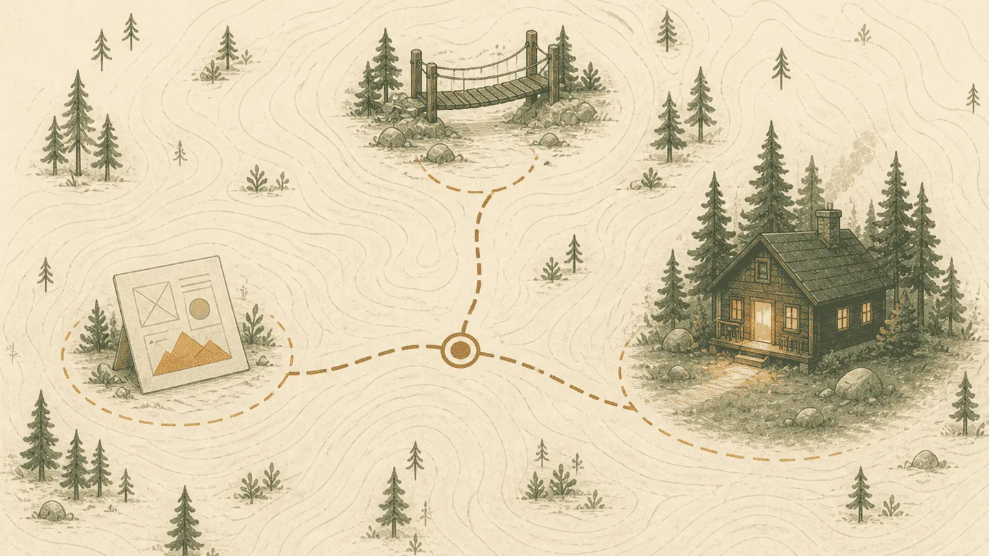 Three topographic trails branch toward a sketch, an experimental bridge, and a finished cabin.
