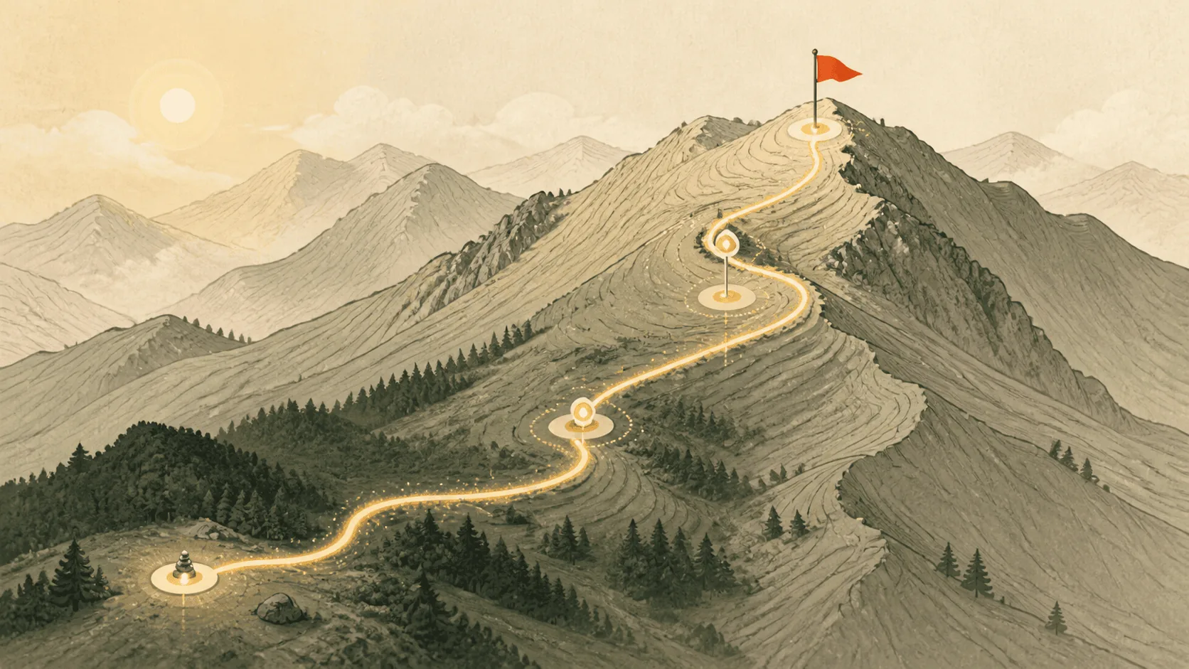 A glowing trail crosses mountains through waypoints toward a summit flag.