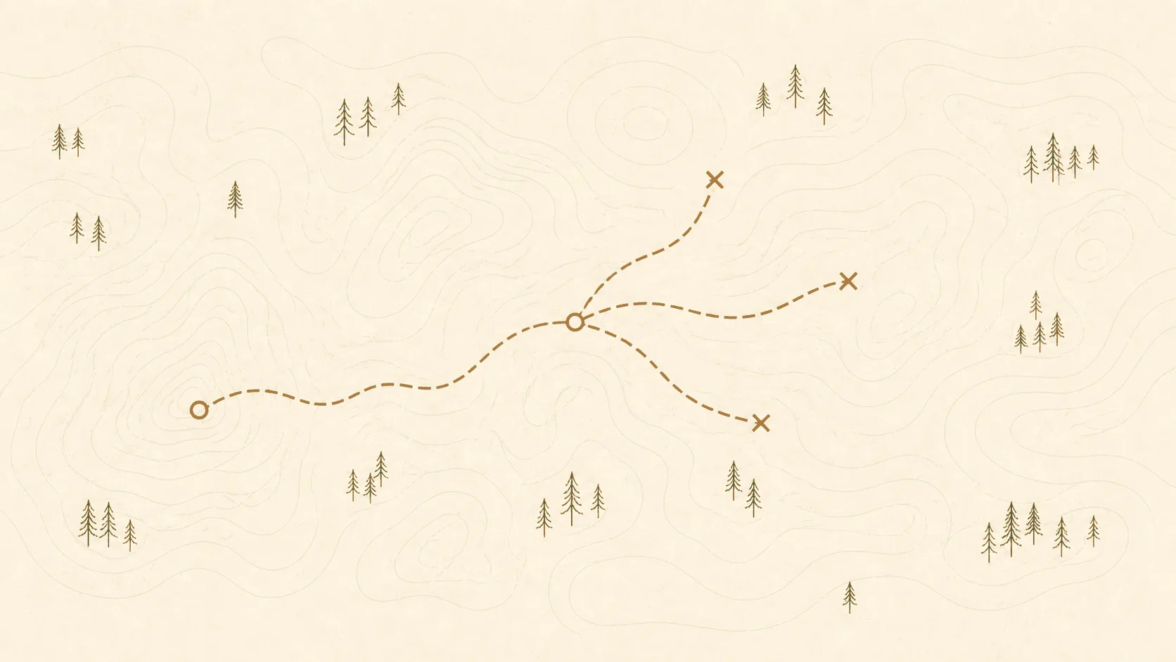 Topographic illustration of one trail reaching a waypoint and branching toward three destinations.