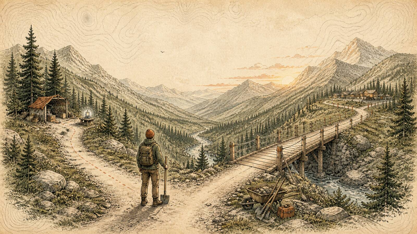 A trail builder at a fork between an improvised shelter and a sturdy bridge leading toward a settlement.